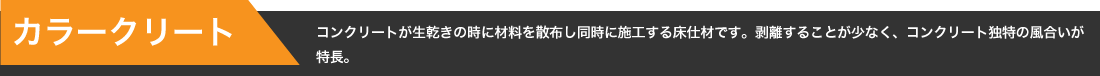【カラークリート】コンクリートが生乾きの時に材料を散布し同時に施工する床仕材です。剥離することが少なく、コンクリート独特の風合いが特長。