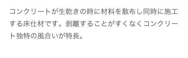 コンクリートが生乾きの時に材料を散布し同時に施工する床仕材です。剥離することがすくなくコンクリート独特の風合いが特長。